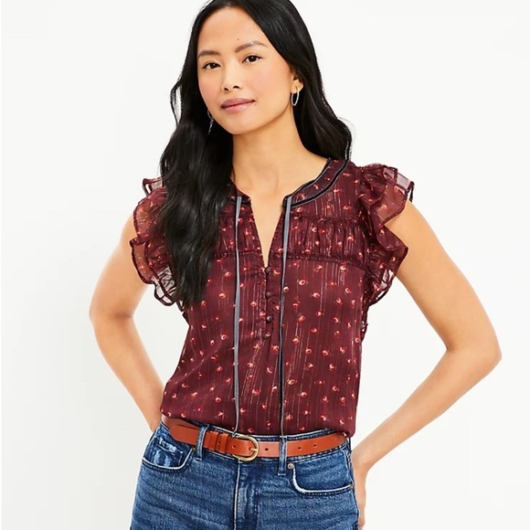 LOFT Shimmer Floral Velvet Tie Neck Shell Rose Print Ruffle Sleeves Size Small - Picture 1 of 10